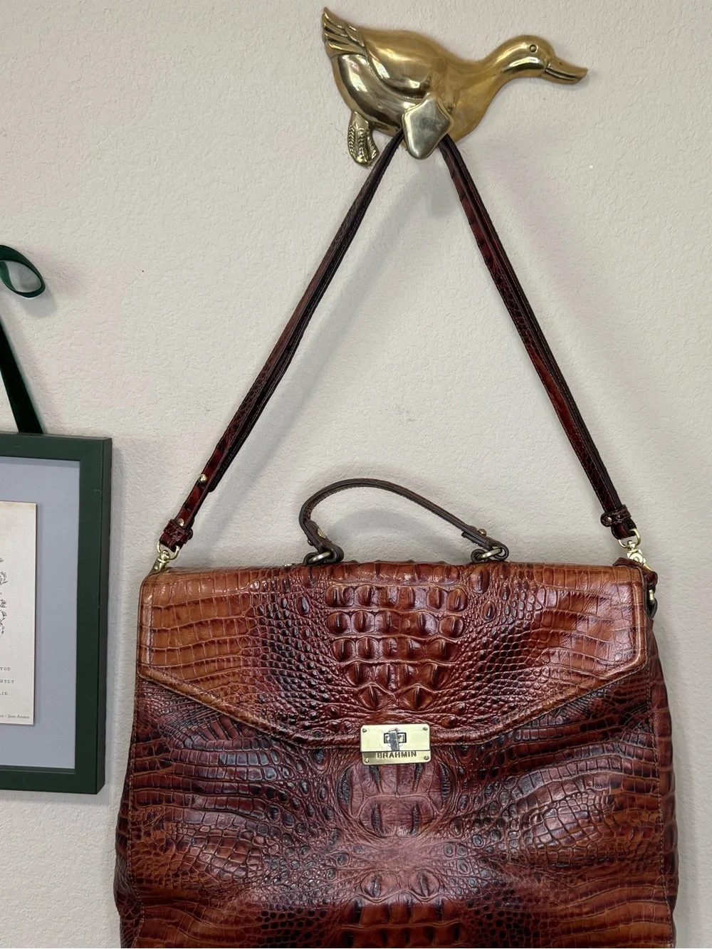 BRAHMIN | Cognac Croc-Embossed Leather Satchel with Gold Hardware